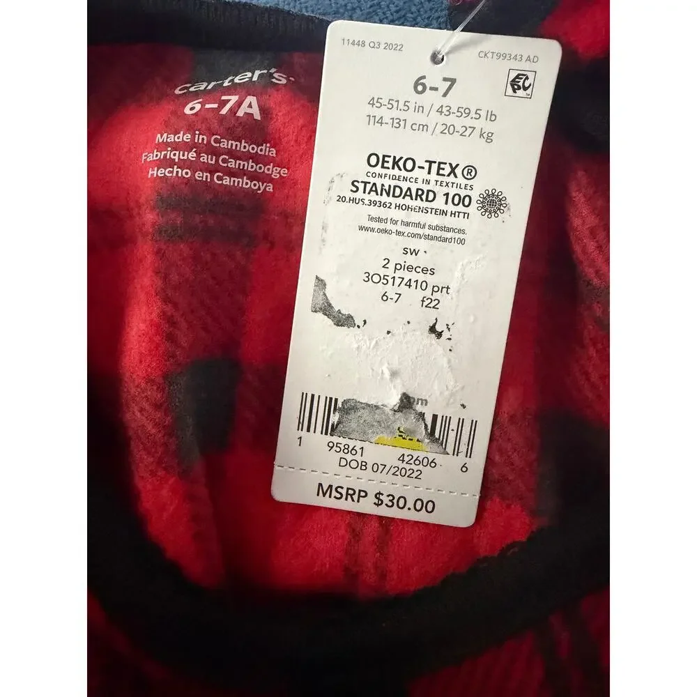 NWT Carter's Girls Red Plaid Fleece Long Sleeve Nightgown Youth Size 6-7